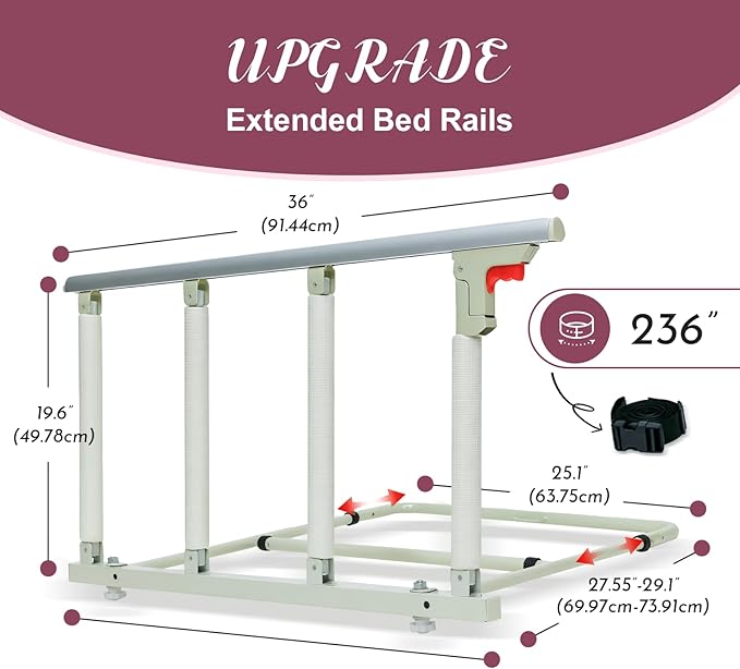30″ Folding Bed Rail–Safety Bed Rails for Elderly Adults (Twin–King,Tool-Free) Supports300lbs|Non-SlipStrap&FoamBase|180°Fold-DownDesign|Height17–21″Adjustable|PaddedGrip&OrganizerPouch