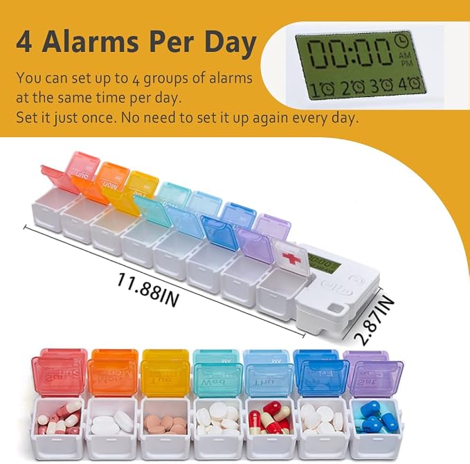 Medication Dispenser with Alarm, 7-Day Pill Organizer with 15 Individual Compartments & 4 Alarms, Loud Reminder for Elderly, Students & Workers, Large Screen, Moisture-Proof Travel Pill Box