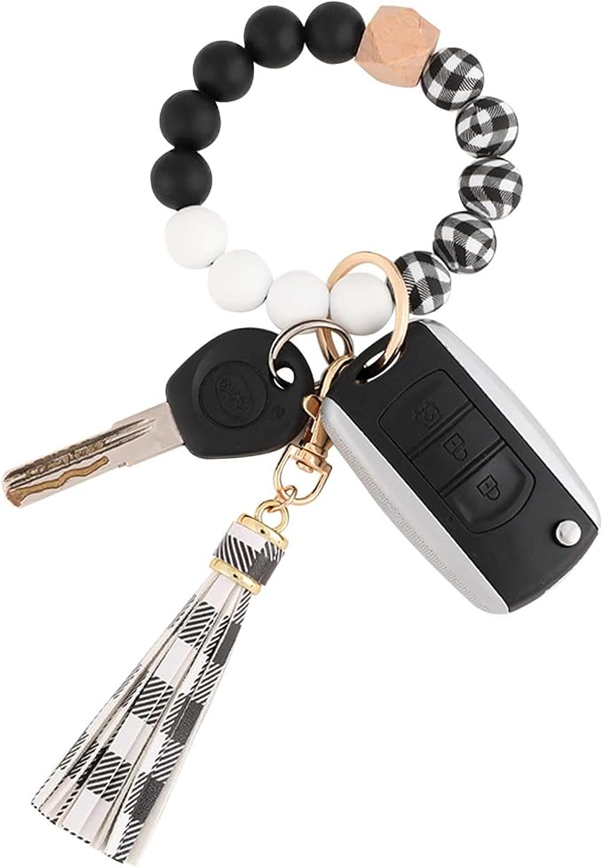 BAOSIWA Silicone Beaded Bracelet Keychain Wristlet Key Ring Bangle Chains for Women with Leather Tassel