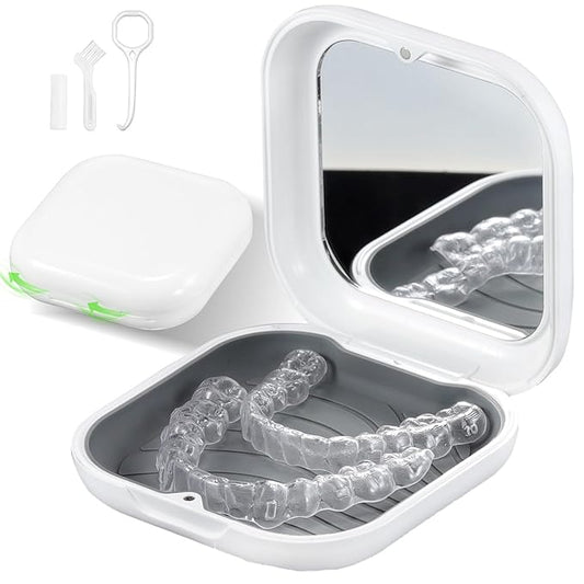 Retainer Case, Slim Aligner Case with Mirror, Compatible with Invisalign, Night Guard and Mouth Guard, Premium Retainer Case, With Aligner Remover Tool, Chew & Brush, White
