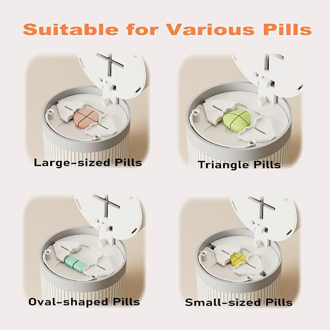 3-in-1 Pill Cutter, 1/2 1/4 Pill Crushers & Splitters with Stainless Steel Hidden Sharp Blade and Storage for Small or Large Pills, Pills Crusher Fine Powder for Tablets (Orange)