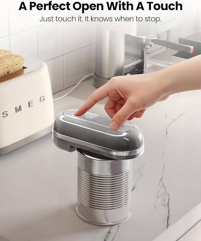 Canslab Retro Rechargeable Electric Can Opener, LED Battery Track&Auto Stop | True One-Touch Operation, Wall-Mountable Small Size, Side Cut Smooth Edge, USB Rechargeable, for Seniors with Arthritis, Grey