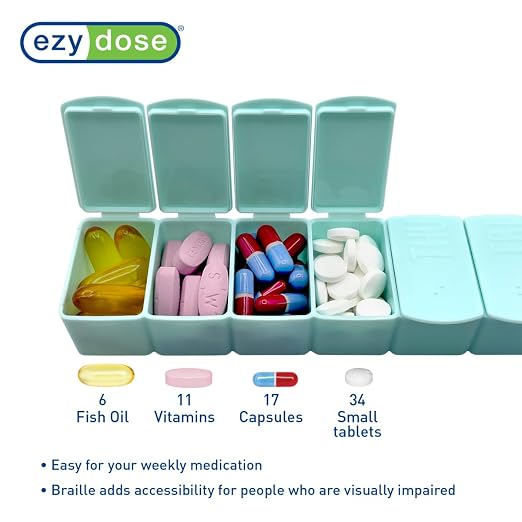 EZY DOSE Weekly (7-Day) Daily Pill Case, 2-Pack of Embossed Matte Pill Case, Daily Medicine & Vitamin Organizer Box, Large Easy-Open Compartments, BPA-Free Medication Planner for Travel, Cream & Teal