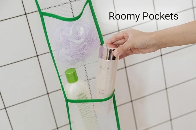 ALYER Narrow Mesh Fabric Shower Caddy Organizer with Hanger,Hanging Mesh Pockets for Shampoo, Conditioner, Soap and Body Wash (Green)