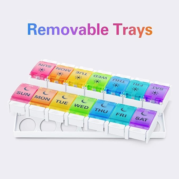 BUG HULL Weekly Pill Organizer 2 Times a Day Arthritis Friendly, AM PM Pill Organizer 7 Day with Easy Push Design, Daily Pill Organizer for Medicine, Pill Box 7 Day for Vitamin, Supplements
