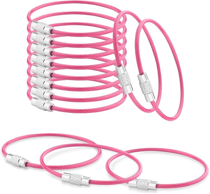 CooBigo 12 Pack Stainless Steel Loops 2mm Coated Wire Keychain Cable Large Key Rings 6 inch Key Chain for Women, Luggage Tags, Key Tags, Keyrings, Kitchen Utensils, Duster - Pink