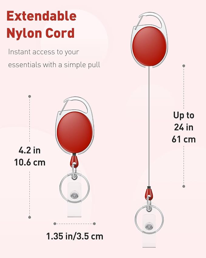 Uniclife 2 Pack Retractable Keychain, Retractable Badge Reel, Heavy Duty Badge Holder Clip for Keys and ID Card, Key Chain Extender with Carabiner Belt Clip and Key Ring, Red
