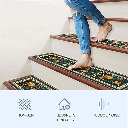 Stair Treads for Wooden Steps, 15 PCS, 30"X8", Colorful | Edging Non-slip Stair Runner Indoor, Self-Adhesive Backing, Washable Reusable, Carpet Stair Treads for Kids Elderly Pets