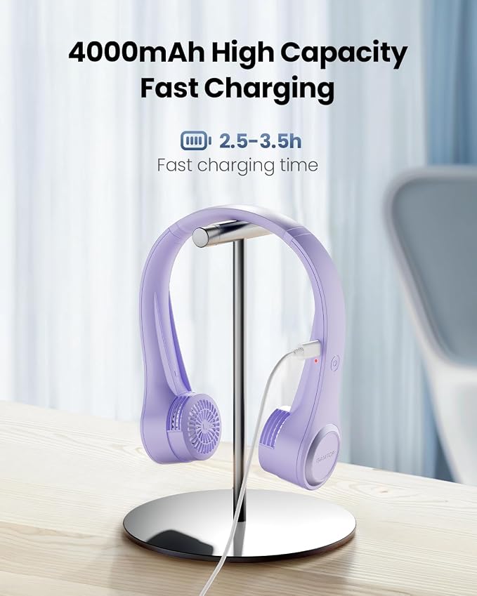 Gaiatop Portable Neck Fan, 4000mAh Rechargeable Hands Free Bladeless Mini Fans, 3 Speeds Air Outlet Can Rotate 70°, Free Adjustment Personal Wearable Cooling Fan Suitable for Travel Office Purple