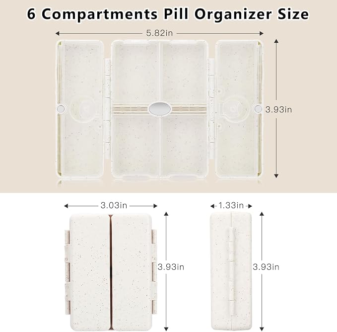 FYY Travel Pill Organizer with Blank Lables,6 Compartments Magnetic Pill Organizer Pill Box for Purse Pocket to Hold Vitamins,Cod Liver Oil,Supplements and Medication-Beige