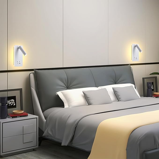 MOLUOLA LED Wall Lamp Wall Mounted Reading Lights Set of 2, Adjustable Headboard Plug in Wall Sconce with USB C+A Ports, Headboard Bedside Lamp with 9W+3W Night Light 3000K (White)