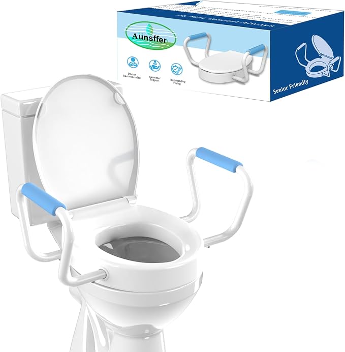 Raised Toilet Seat with Armrest, Round 16.5inch | Height 2.91inch, Soft Close, Quick-Release, Triple Anti-Slip Pad, Urine Splash Guard, Safe and Durable