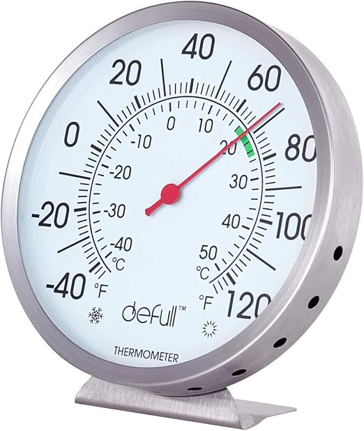 5" Large Dial Indoor Outdoor Thermometer - Battery-Free, Dual Scale -40°F to 120°F / -40°C to 50°C, Stainless Steel with Wall Mount or Table Stand for Home, Patio, Garage