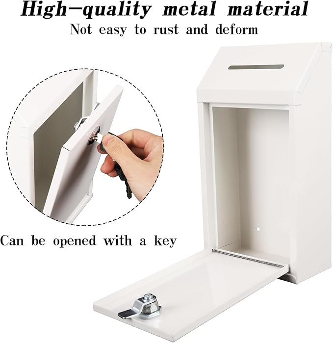 Metal Donation Box with Lock Ballot Box Drop Box with Lock Suggestion Box with Slot and Locks Metal Locks Boxs Comment Box Voting Box Key Drop Box for Home Office(White,10.24 x 5.71 x 2.95 Inch)