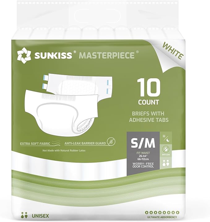 SUNKISS Masterpiece Adult Diapers with Tabs, Unisex Disposable Incontinence Briefs for Women and Men, Odor Control, White, Small/Medium, Previously Medium, 10 Count