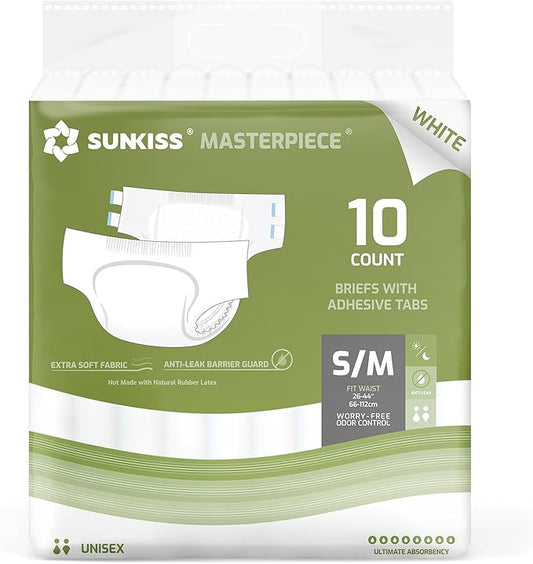 SUNKISS Masterpiece Adult Diapers with Tabs, Unisex Disposable Incontinence Briefs for Women and Men, Odor Control, White, Small/Medium, Previously Medium, 10 Count