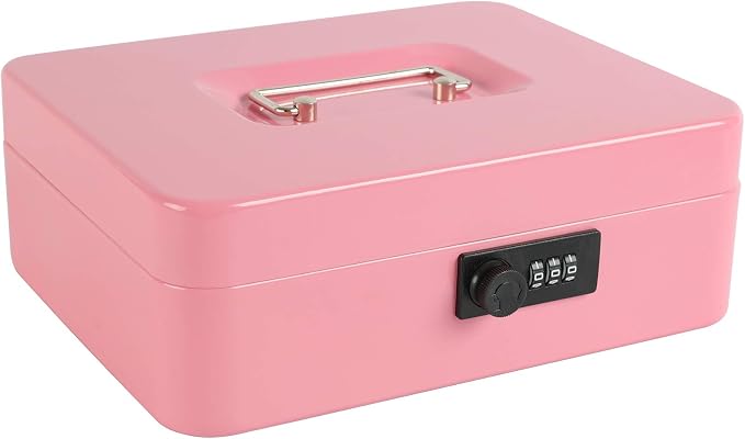 xydled Steel Cash Box Safe with Combination Lock,Money Safe Box with Removable Coin Tray,Large,9.84"x 7.87"x 3.54",Pink