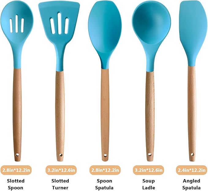 Silicone Kitchen Cooking Utensils Set, 5-Piece Non-Stick Silicone Kitchen Utensils Spatula Serving Spoons Turner Ladle Set w Wooden Handle Heat Resistant Cooking Gadgets for Nonstick Cookware