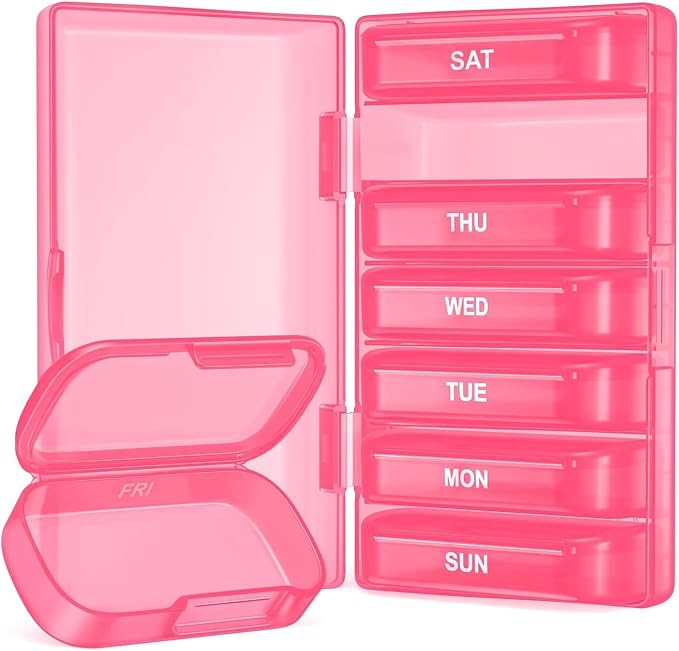 PULIV Weekly Pill Organizer with Large Capacity, Dual Protection Pill Box 7 Day, Arthritis Friendly Pill Case Easy to Open, Medicine Organizer for Vitamins, Medications, Fish Oils, Supplements (Pink)