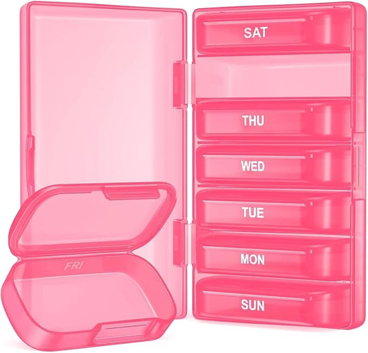 PULIV Weekly Pill Organizer with Large Capacity, Dual Protection Pill Box 7 Day, Arthritis Friendly Pill Case Easy to Open, Medicine Organizer for Vitamins, Medications, Fish Oils, Supplements (Pink)
