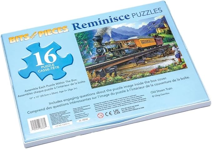 Bits and Pieces Large Piece Puzzles for Seniors, 10 in. x 13 in. Old Steam Train Puzzle - 16 pc Extra Large Pieces Puzzles for Dementia Seniors, Alzheimer Puzzle Memory Aids