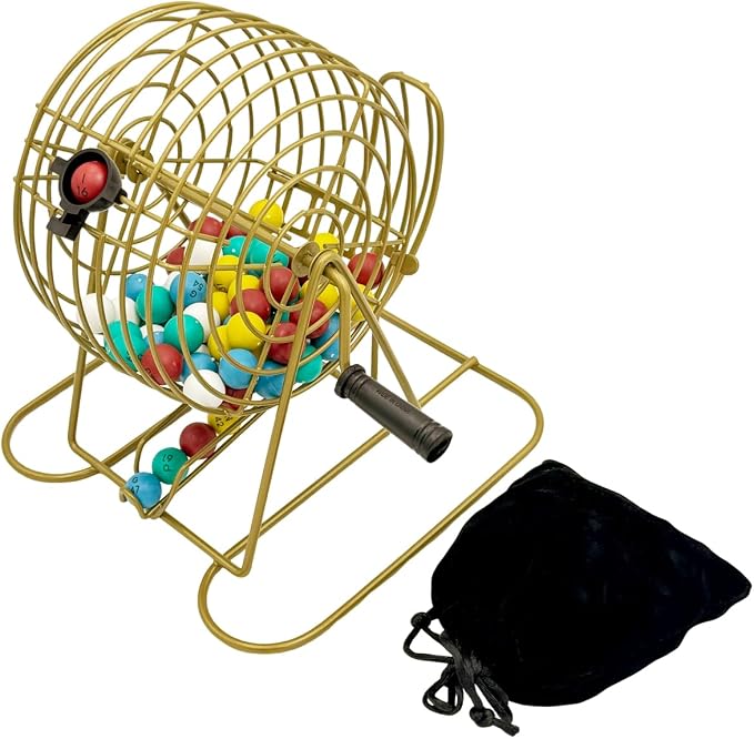 JUNWRROW Deluxe Bingo Set -Includes Antique Gold Metal Rotary Cage with Storage Bag,100 Mixed Cards, 600 Colorful Chips,75 Calling Balls,Master Board&2 Velvet Bag for Parties, Classroom, Large Groups