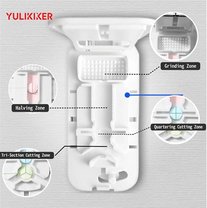 Pill Cutter 1/4 with Centering Device Safety Blades for Small and Large Tablets, 3 in 1 Version Works for Quarters, Thirds and Halves