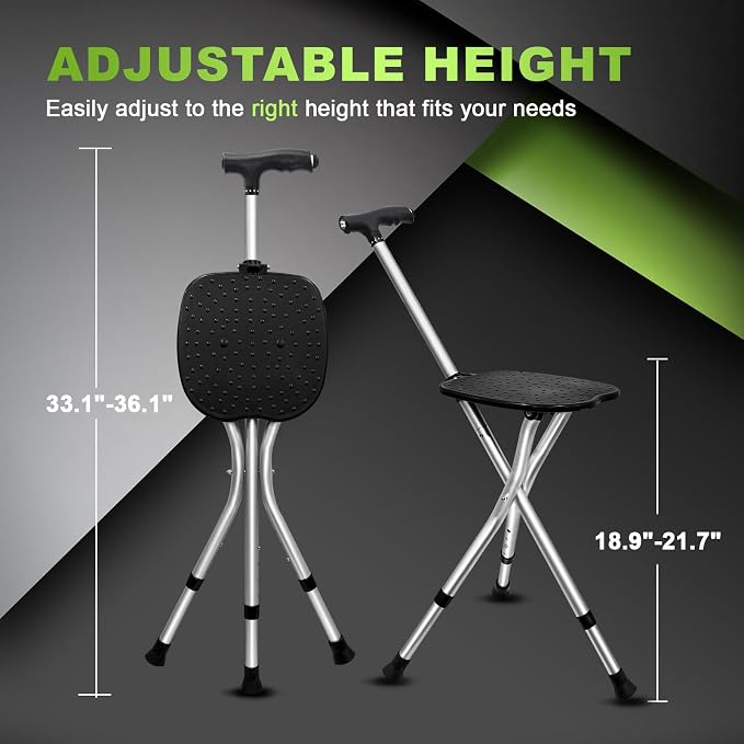 BigAlex Alloy Folding Cane with Seat, Lightweight Adjustable Walking Cane with Seat, Cane Seat with LED for Seniors, Cane Chair for Woman/Man,Anti-Slip Walking Stick for Seniors