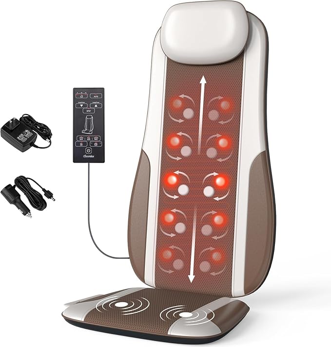 Shiatsu Back Massager with Heat, Massage Chair Pad Seat Cushion for Stress Relief, Deep Tissue Kneading & Roller, 2 Vibration Motors, Back Waist Hip Massager, PU Leather, with 2 Adapters
