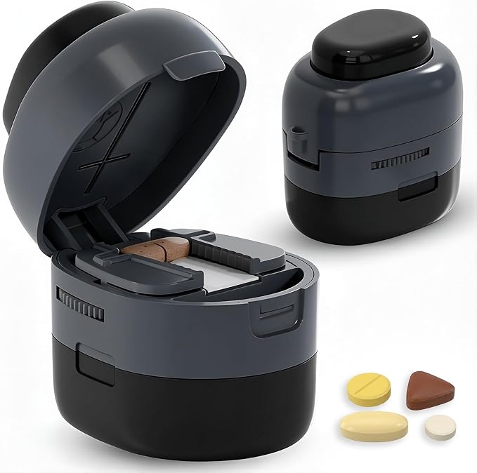 Pill Cutter Splitter with Storage Box, Adjustable Vertical Press Pill Splitter for Small/Tiny Pills Vitamins Tablets, 1/2 & 1/4 Precise Cutting, Hidden Sharp Blade, Multi-Pill Cutting Design (Black)