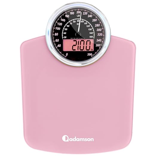 Hybrid Bathroom Scale - Analog & Digital Display, Accurate to 400 lbs | See weight on both an analog dial and digital LCD at once. Wide glass platform, accurate to 0.2 lbs, batteries included.