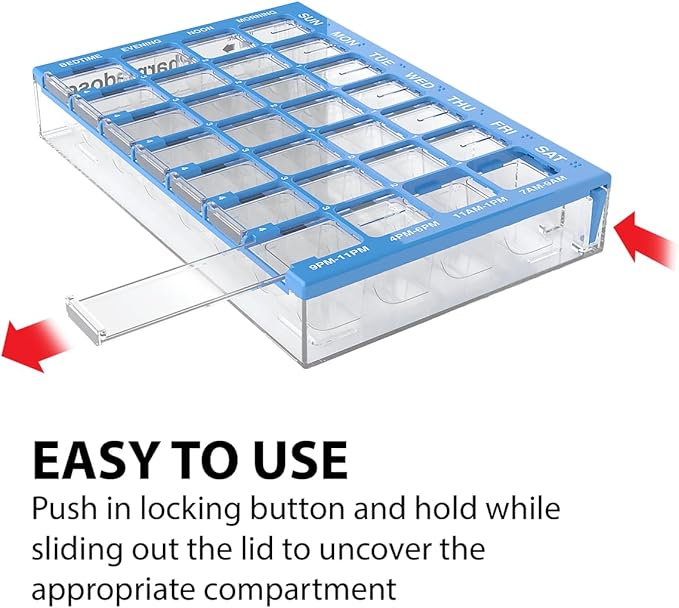 EZY DOSE Pill Organizer Weekly (7-Day), Medicine Planner, Vitamin Case/Box, Medium Compartments with Easy Fill Tray, 4 Times a Day, Easy to Use Containers, Clear Lids, Blue, BPA Free
