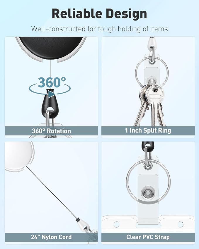 Uniclife 2 Pack Retractable Badge Reel for Badge Holder Black White Heavy Duty Retractable Keychain Strong ABS Casing with Stainless Steel Spring Coil 24 Inch Nylon Rope Carabiner Clip and Key Ring