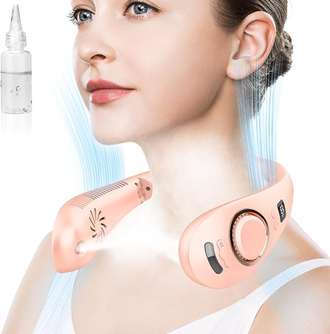 Misting Neck Fan,Personal Cooling Fans that Blow Cold Air Rechargeable,Collapsible Cordless Headphone Design Neck Fan Mister,Best Cold Small Noiseless Breeze Around the Neck Cooler Tool Pink