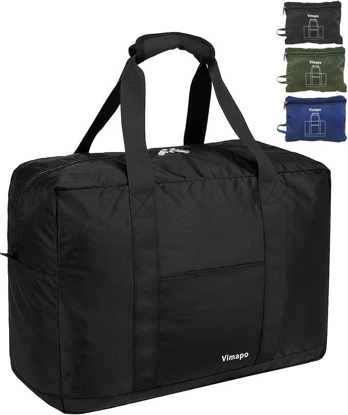 Foldable Travel Duffle Bag with Trolley Sleeve 40L Capacity, Lightweight Packable Travel Duffel Bags with the Keyhole Zipper, Weekender Overnight Nylon Carry on Bag for Men & Women, Black