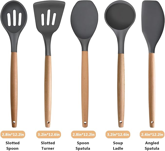Silicone Cooking Utensils Set 5-Piece Non-Stick Kitchen Utensil Set, Wood Handle Heat Resistant Spatula Spoon Turner Soup Ladle Silicone Cooking Kitchen Gadgets BPA Free for Nonstick Cookware