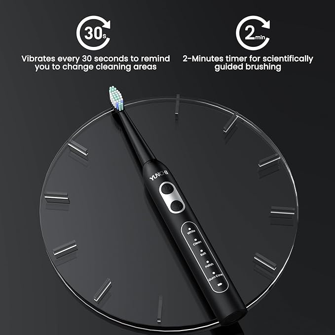YUNCHI Electric Toothbrush Birthday/Valentine Plastic 8 Dupont Heads 24-Mo Deep Cleans Gentle Gums Removes Stains 3Hr USB-C 90d 2-Min Timer/30s IPX7 - Black
