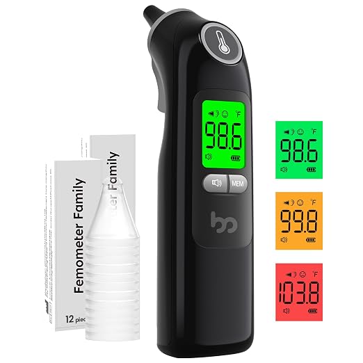 Femometer Family Ear Thermometer, Highly Accurate Ear Thermometer for Kids, Adults and Babies, 30 Memory Recall, 1s Result and 3-Color Fever Alert, with 24 Disposable Probe Covers, Black | 1s Fast Accurate Reading, 30-Memory Recall, 3-Color Fever Alert...