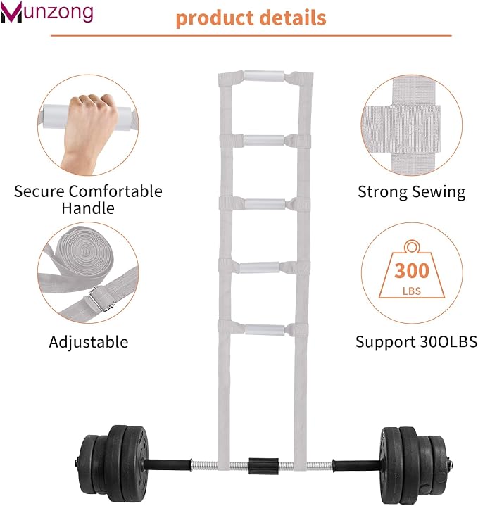 Munzong Bed Ladder Assist 160 Inch, Grey Pull Up& Sit Up Assist Device, Assistive Bedside Straps w/ 5 Handle, Portable Rope Beds Ladder Helper for Elderly Senior Injury Handicap Patient Pregnant(4 m)