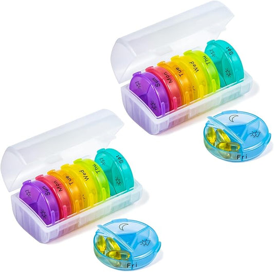 2 Pack Large Weekly Pill Organizer Medicine Container, Clear Round Daily Pill Organizer 7 Day 3 Times A Day with 21 Compartments, BPA Free Medication Storage to Hold Vitamin, Oils, Supplement