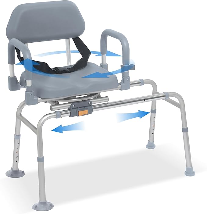 FSA/HSA Eligible Sliding Shower Chair with Swivel Seat, Rotating Tub Transfer Bench Shower Bench with Padded Seat and Backrest for Elderly and Disabled, Gray