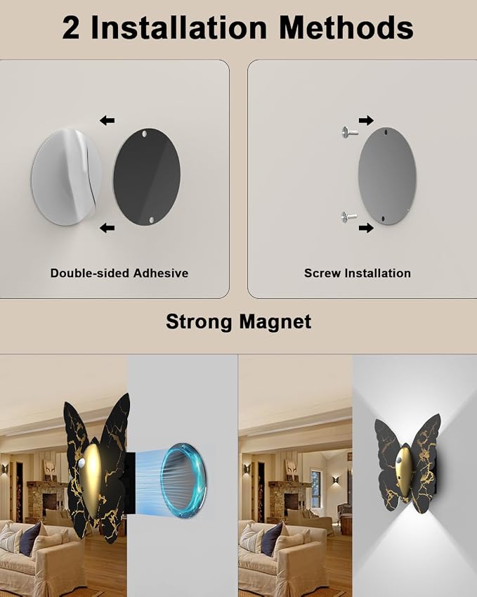 Eneru Motion Sensor Wall Sconce Set of 2, Rechargeable Wall Lights, Indoor | 5000mAh Battery Operated Wall Sconces, Magnetic Butterfly Motion Night Light for Hallway Stair Closet Pantry, Black & Gold