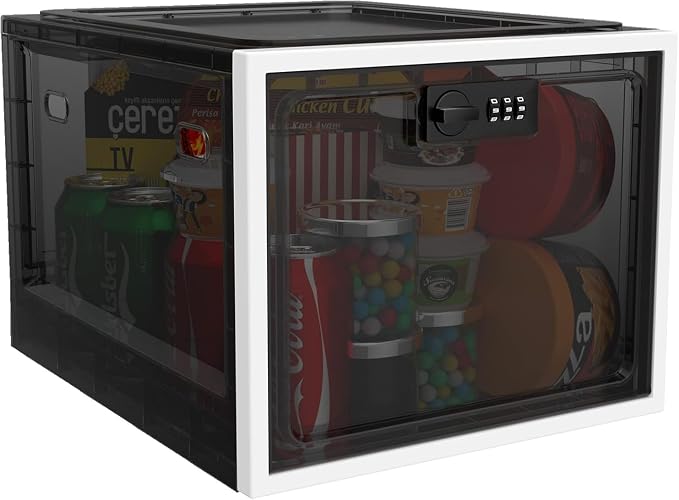 Large Medication Lock Box with Code, Clear Lockable Storage Box for Refrigerator, Cabinet & Dorm, Stackable Medicine Box for Prescriptions, Snacks, Phone, 11.9" x 9.3" x 7.6", Black