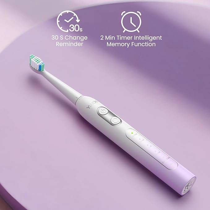 YUNCHI Electric Toothbrush Birthday/Valentine Plastic 8 Dupont Heads 24-Mo Deep Cleans Gentle Gums Removes Stains 3Hr USB-C 90d 2-Min Timer/30s IPX7 - Purple