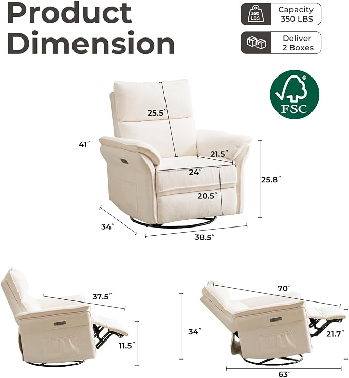 Oversized Power Recliner Chair Swivel Glider with Massage and Heat, Rocker Nursery Recliner for Adults with Adjustable Headrest, 24" Extra Wide Nursery Chair with Overstuffed Armrest,White