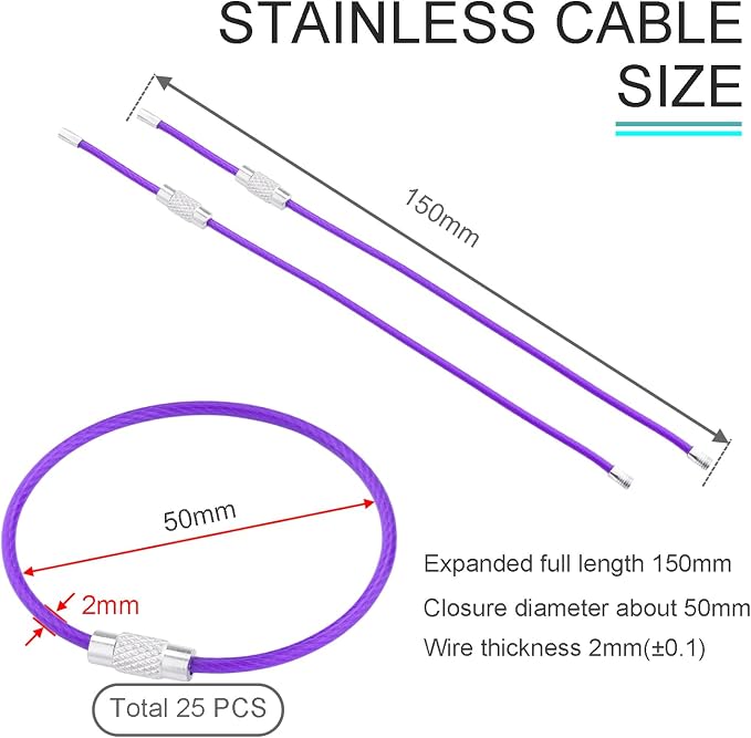 CooBigo 25 Pack Stainless Steel Loops 2mm Coated Wire Keychain Cable Large Key Rings 6 inch Key Chain for Women, Luggage Tags, Key Tags, Keyrings, Kitchen Utensils, Duster - Purple