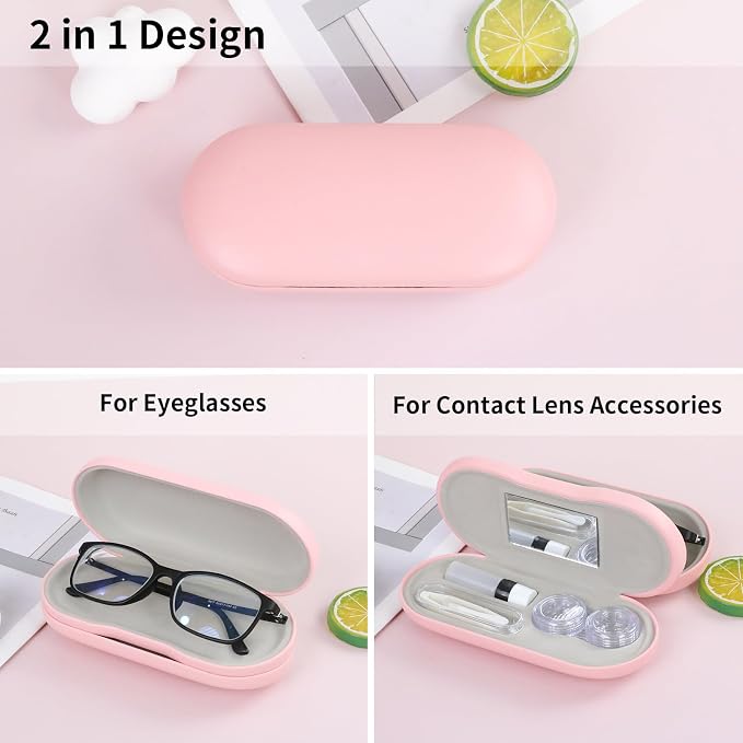 2 in 1 Contact Lens Case and Eyeglasses Case for Women Men Kids, Double Sided Hard Shell Portable Glasses Travel Holder with Built-in Mirror, Contact Lens Box (Pink)