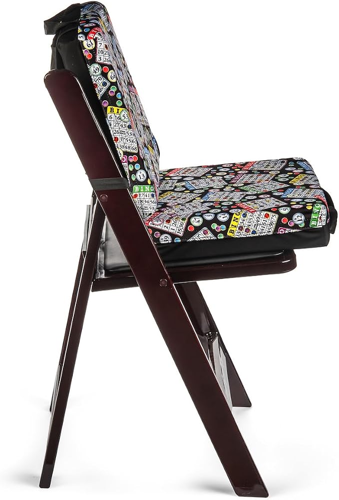 Seat Cushion Classic Bingo Pattern – Extra Thick 3” Bingo Pillow with Strap, Storage Pouch & Handles – Comfortable Folding Chair Cushion for Bingo Nights