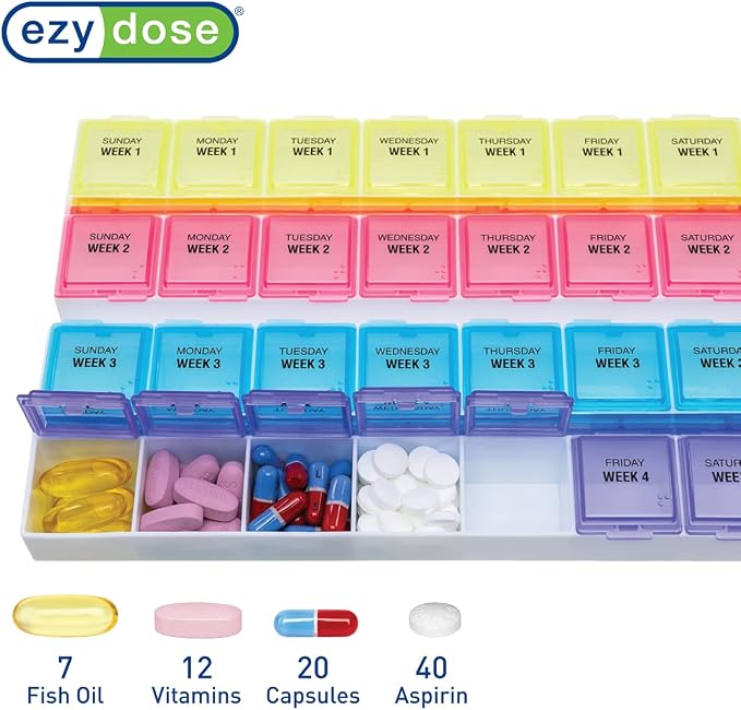EZY DOSE Monthly (28-Day) Pill Case, Daily Medicine Planner, Vitamin Organizer, Supplement Container, One Month, Large Contoured Compartments, Convenient and Easy to Use, Colored Lids, BPA Free | Daily Vitamin & Supplement Prescription Box, Compact Con...