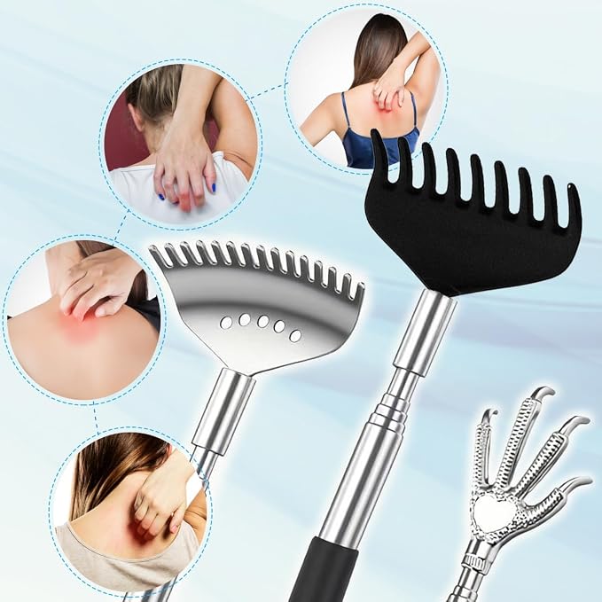 3pcs Upgraded Back Scratcher Massager, Telescoping Back Massage Stocking Stuffers for Men in a box with Eagle Claw, 9-teeth Rake Claw and 15-teeth Rake Claw, Rubber Handle, White Elephant Gifts